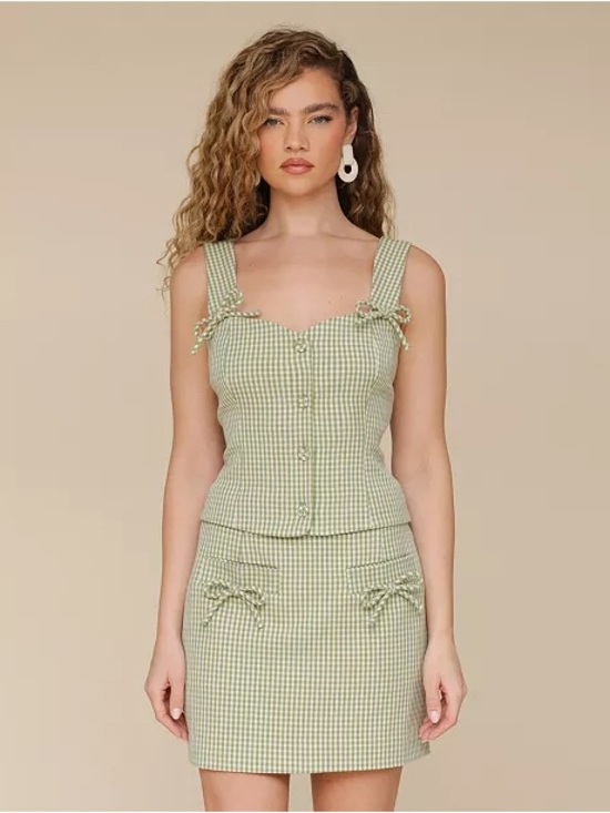 7 For All Mankind Dresses & Skirts - 2 Piece Set-7 For All Mankind Olive Gingham Tie-Detail Crop Top & Mini Skirt
